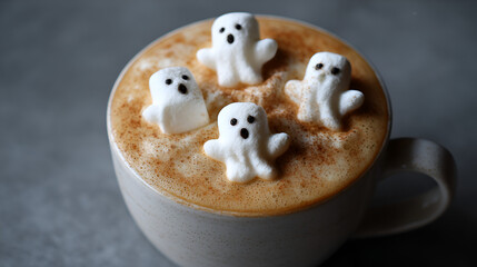 Obraz premium Festive pumpkin spice latte topped with cute ghost marshmallows for halloween celebration