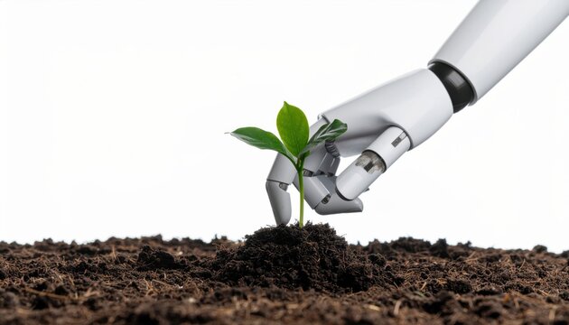 Robot hand planting seedling in soil, symbolizing future growth and technology in agriculture