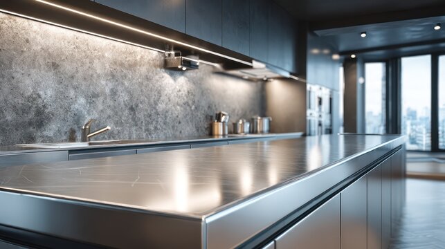 Contemporary office kitchen interior with polished steel counters matte stone backsplash and under-cabinet strip lights reflections highlighting stainless