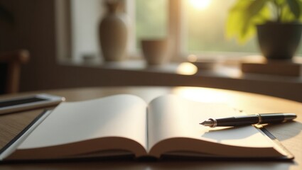 A serene workspace setup with an open notebook, pen, and tablet on a wooden desk near a sunny window, evoking a sense of creativity and productivity.