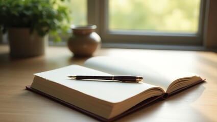 A serene workspace setup with an open notebook and pen on a wooden desk, bathed in natural light from a nearby window.