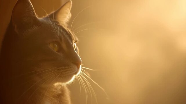 Cat feline pet animal profile side view near bright window with diffused golden haze soft light illuminating fur and delicate whiskers creating calm