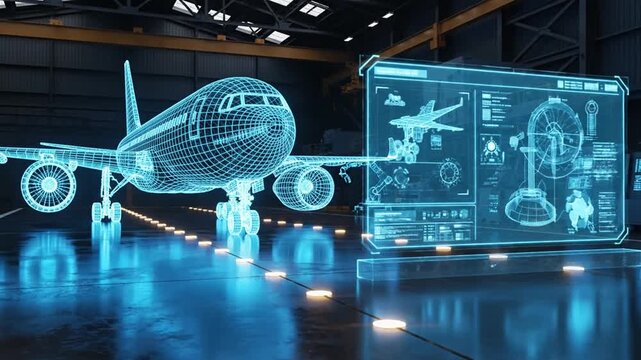A futuristic airplane undergoing virtual inspection in a high-tech hangar with glowing blue schematics displayed on a large screen