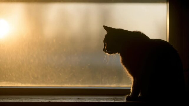 Cat silhouette dawn by window with sunlight calm peaceful pet animal indoor cozy atmosphere soft glow quiet morning feline shape sunrise light profile