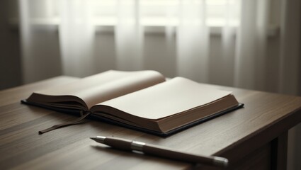 A serene workspace setup with an open notebook and pen on a wooden desk, inviting creativity and productivity.