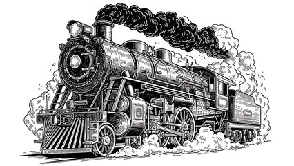 Steam engine sketch engraving illustration T-shirt apparel print design Scratch board imitation Blac