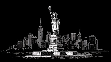 Obraz premium Statue of Liberty in New York sketch engraving vector illustration T-shirt apparel print design Scra