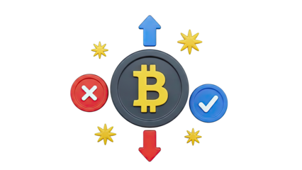 Bitcoin 3D Icons: Up, Down, Check, and Cross