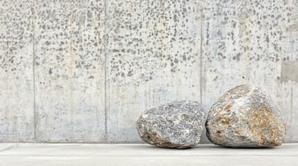 Two rocks against a textured concrete wall