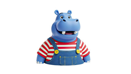 Blue cartoon hippopotamus wearing overalls and striped shirt