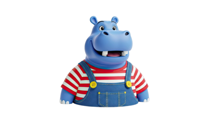 Blue cartoon hippopotamus wearing overalls and striped shirt