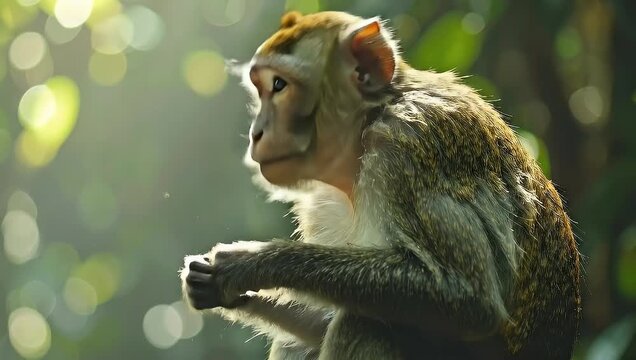 Monkey in the sunlight, close-up shot, looking up, forest background, nature.