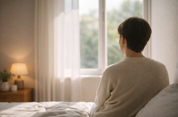 symbolic mental health scene of person sitting by window, calm reflective mood, minimal interior, natural light