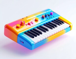 Fototapeta premium Rainbow-hued synthesizer with knobs and keys, angled in perspective