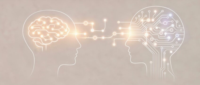 abstract illustration of human and artificial intelligence collaboration, futuristic minimal design with glowing connections - Powered by Adobe