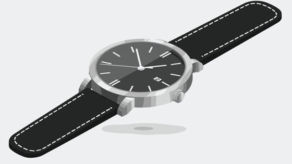 A classic analog wristwatch with a black leather strap and a date window, displayed in a minimalist isometric view against a light grey background.