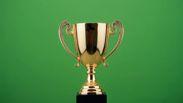 "A golden trophy cup with ornate handles on a green background, symbolizing achievement and victory."