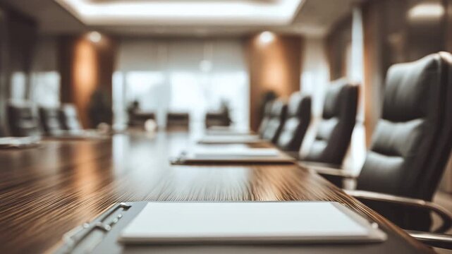 Empty conference table with muted colors modern office meeting room featuring leather chairs, wooden table, notepad, and documents for business