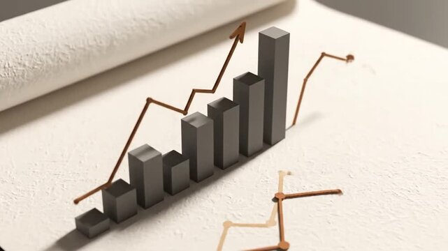Business graph on a textured white surface with a rising trend and copper wire frame