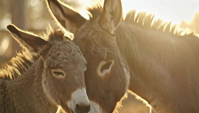 Two adorable donkeys standing together in the warm sunlight, close up.