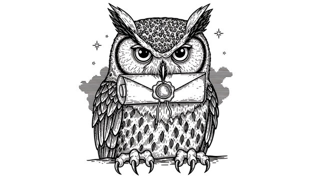 Owl with mail letter sketch engraving illustration T-shirt apparel print design Scratch board imitat