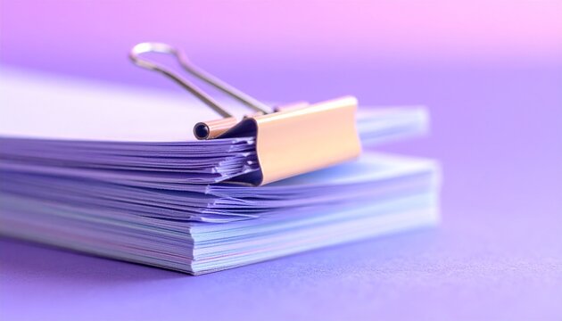 Close up view of a large stack of purple colored documents bound tightly together with a shiny golden binder clip on an aesthetic lavender desk background space to text. copy text.