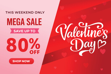 Valentine&rsquo;s day mega sale banner template vector with 80 percent discount, romantic red flat design