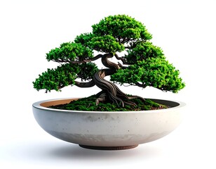 Mature bonsai tree with green foliage sits in a white, shallow bowl