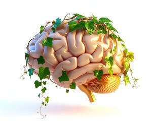 A rendered brain with vibrant green ivy, highlighting growth and thought