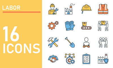 Industrial Labor and Manufacturing Icons Set Featuring Workers, Tools, Gears and Factory Safety Symbols
