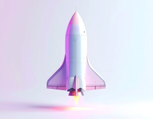 A sleek, modern spacecraft blasting off, illuminated by pink and yellow