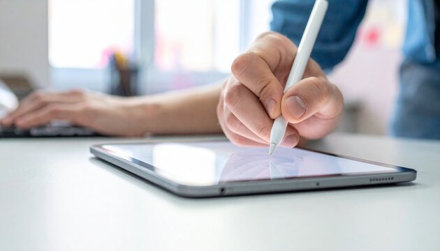 Creative person hand holding a digital pencil stylus drawing or sketching on a tablet device screen generating new design concepts in the office space to text. copy text.