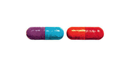 Two capsules, one purple/blue, one red, side-by-side, against a black background
