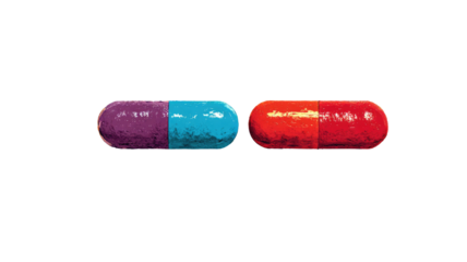Two capsules, one purple/blue, one red, side-by-side, against a black background