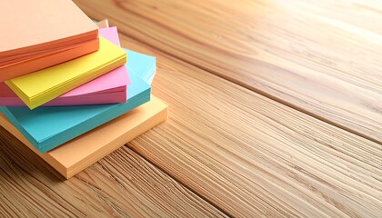 Stack of colorful sticky notes memo pads piled unevenly on a rustic wooden table background for office organization and reminder concepts space to text. copy text.