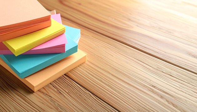 Stack of colorful sticky notes memo pads piled unevenly on a rustic wooden table background for office organization and reminder concepts space to text. copy text.