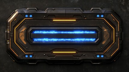 Obraz premium Dark, metallic, futuristic panel with glowing blue light