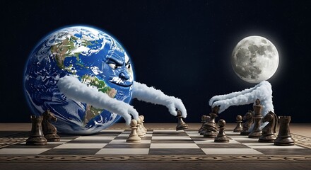 Earth and Moon Play Chess Strategy Game.