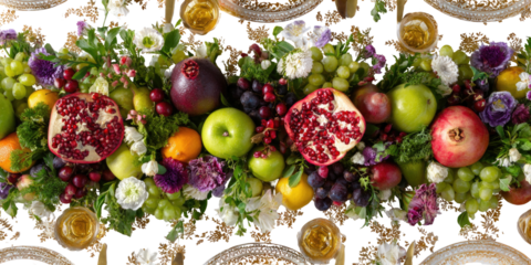 Festive centerpiece with fruits, flowers, & greens on a table setting