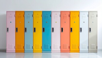 Vibrant row of colorful metal lockers in various shades like yellow pink and blue standing against a clean white wall background space to text. copy text.
