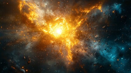 Cosmic explosion, vibrant colors, fiery nebula
