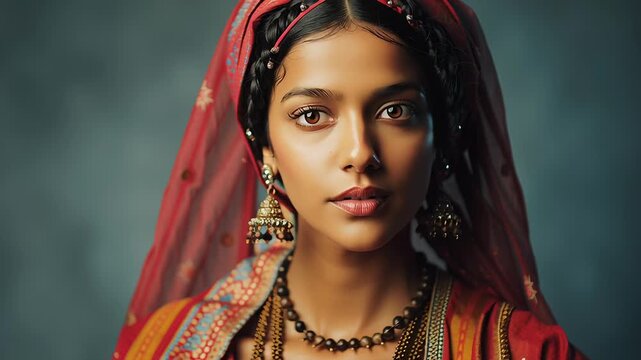 Indian woman portrait representing culture and identity, timeless expression, simple traditional elements, modern minimal styling, soft tonal background, high-end commercial photography look