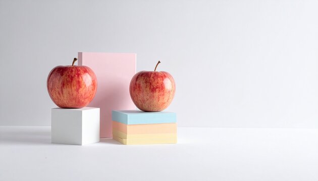 Fresh red apples placed on modern geometric pedestals and pastel colored blocks artistic still life setup. Minimalist healthy food and education concept studio shot on white background space to text. - Powered by Adobe