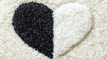 Black and white rice grains arranged in a heart shape
