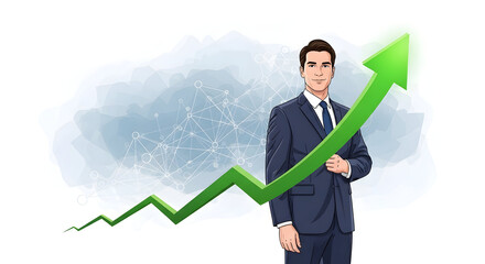 Businessman in suit standing next to rising green arrow graph on white background with network connection