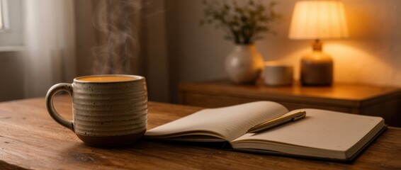 cozy indoor lifestyle scene with warm ceramic mug and notebook, calm evening mood, minimal home interior. copy space