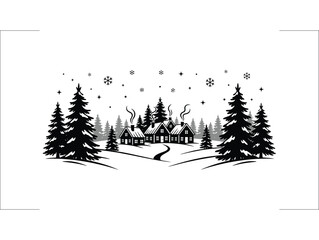 Winter village scene with snow covered trees and cozy houses silhouette