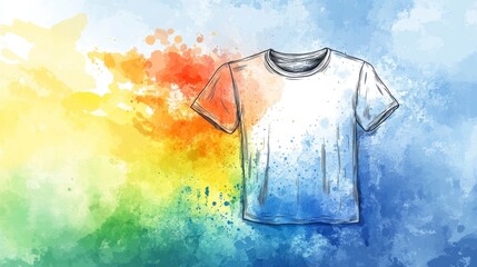 Watercolor illustration of a blank white t-shirt against a colorful background
