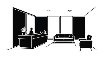 Modern office reception area with furniture and a person a dark silhouette