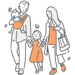 春のお散歩を楽しむ若い家族　シンプルでお洒落な線画イラスト
